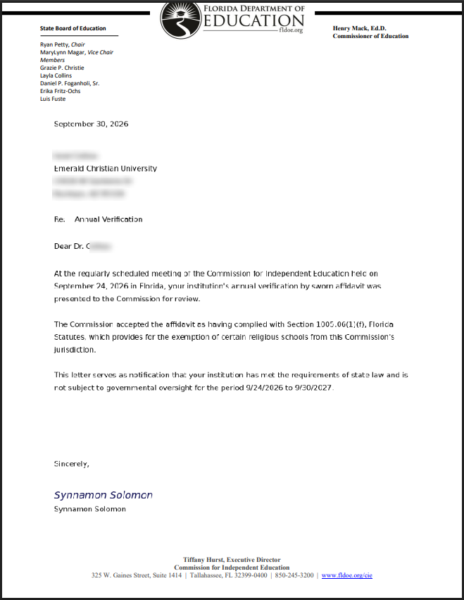 Florida approval letter for Emerald Christian University